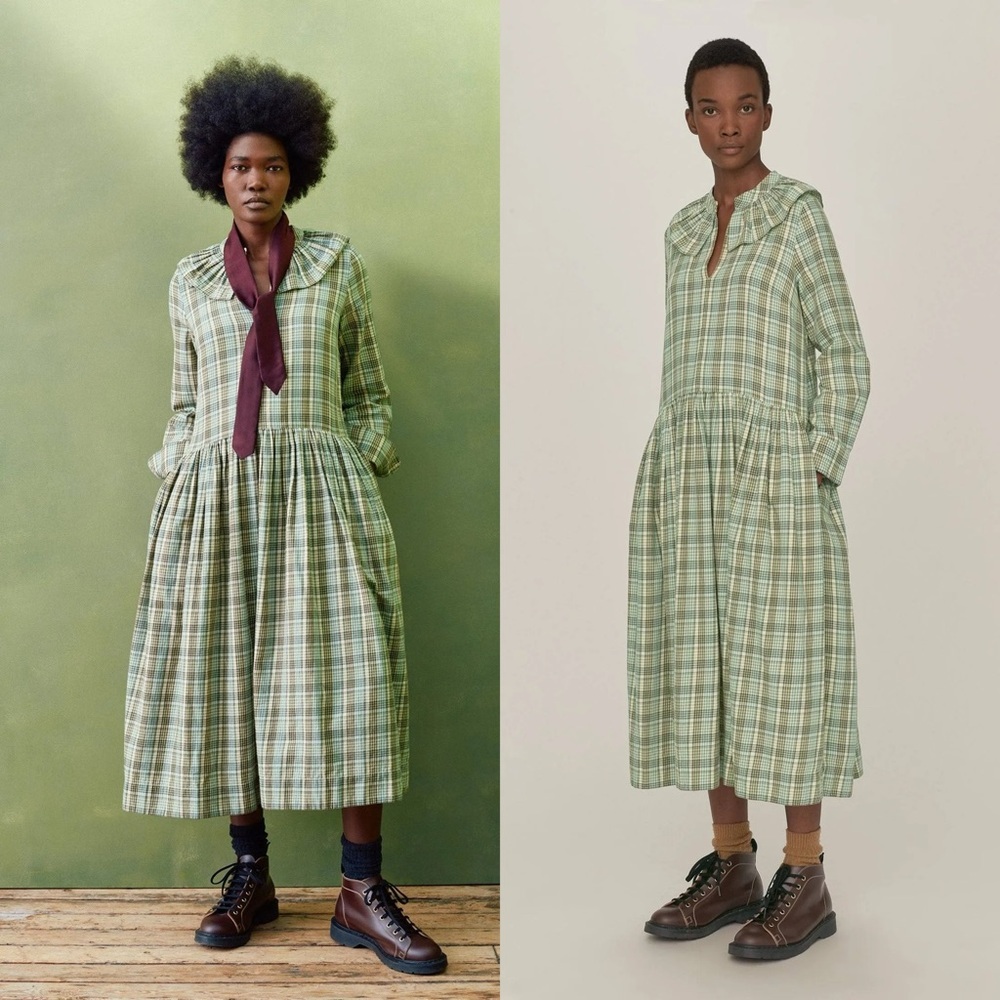Toast Archive Brushed Check Cotton Dress Rich Olive​